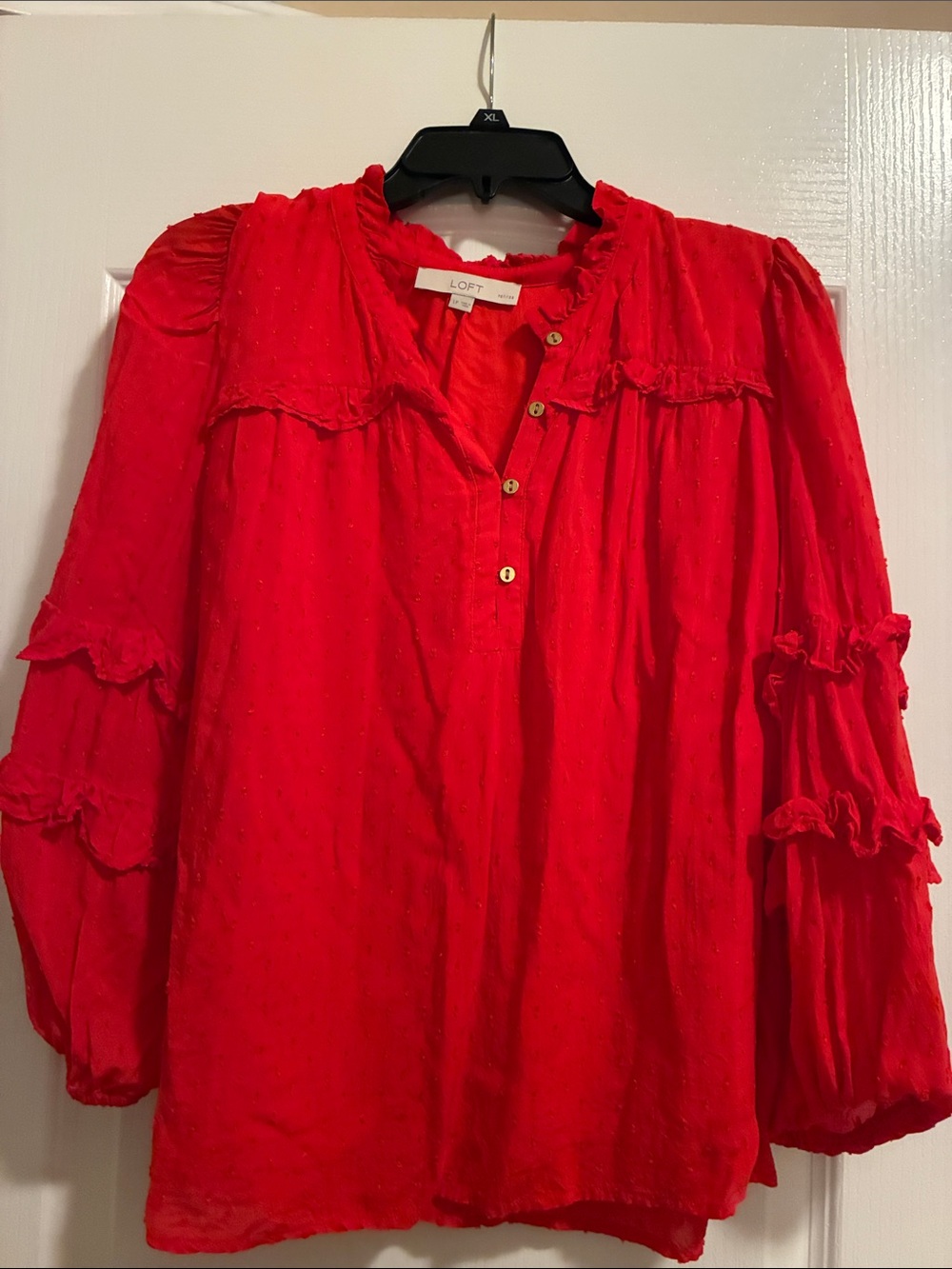 LOFT Red Ruffle-Trim Peasant Blouse